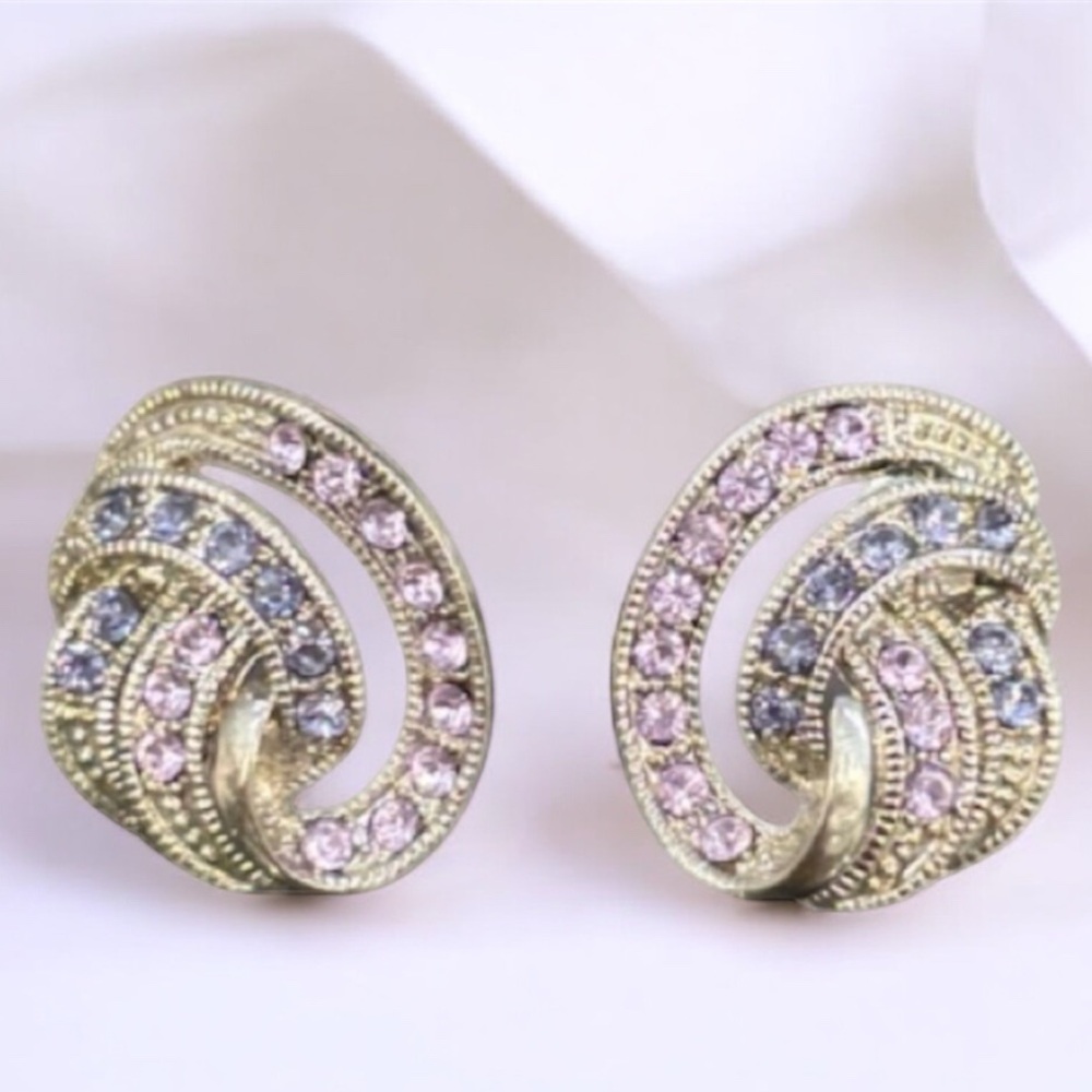 Vintage Earrings Sparkling Pink Purple Crystal Cubic Zirconia Formal Swirl Knot - Picture 3 of 16